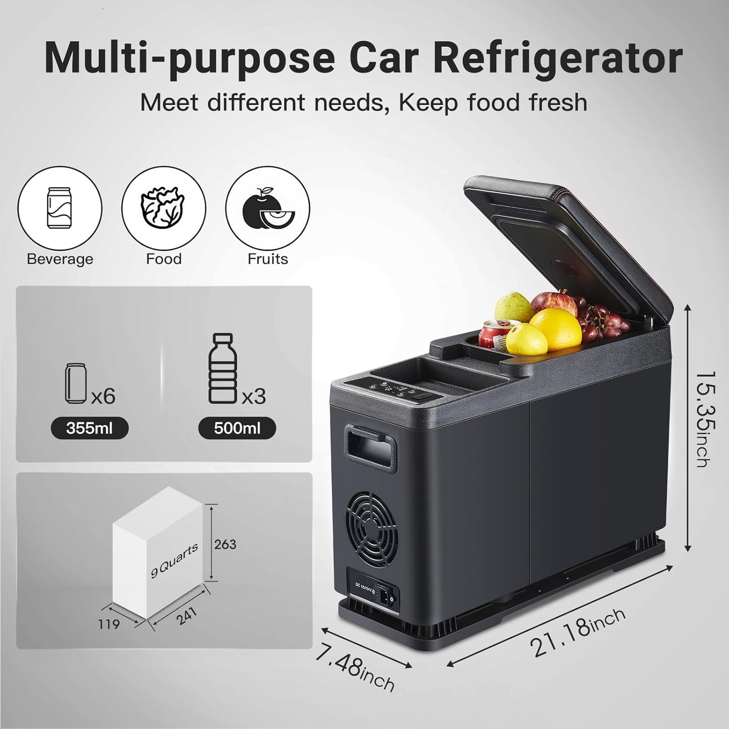 BODEGA 12V Truck Refrigerator,9 Quart Small Car Fridge,Camping Fridge WIFI Control,(5℉-68℉) Electric Car Cooler 12/24V DC for Camper,Travel,Boat,Van,SUV,Vehicles,Road Trip(Shoulder Hold Design)