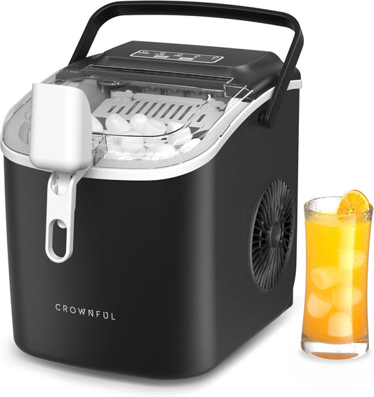 CROWNFUL Ice Maker Countertop with Handle, Self-Cleaning Ice Maker with Scoop and Basket,26lbs/24H,9 Cubes in 6 Mins,Portable Small Ice Machine with Scoop and Basket for Home Kitchen Office Bar Party