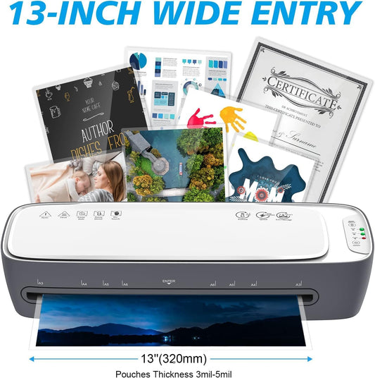 Laminator Machine and Sheets 13-Inch, Laminating Machine 11x17 Cold Thermal Laminator, 9 in 1 Lamination Machine 60s Warm-Up No Jam, Laminate Machine for Home/School/Office use - PuriLite