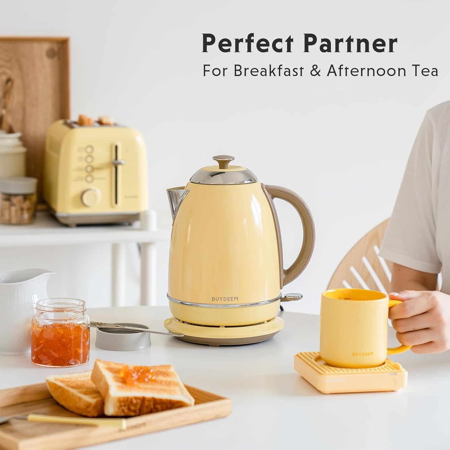 BUYDEEM K640 Stainless Steel Electric Tea Kettle with Auto Shut-Off and Boil Dry Protection, 1.7 Liter Cordless Hot Water Boiler with Swivel Base, 1440W (Mellow Yellow)