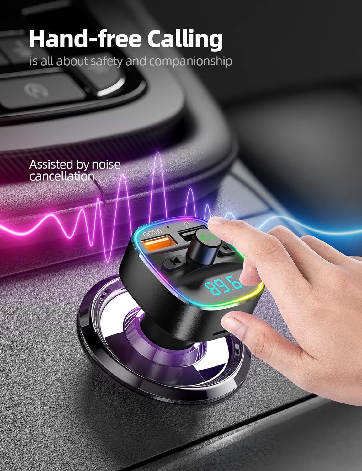 Nulaxy Bluetooth FM Transmitter for Car, Upgraded QC3.0 & 5V 1A Dual USB Charger Bluetooth Car Adapter Wireless Radio, 7-Color LED Backlit Light, Hands-Free Calling, Support USB Drive TF Card - NX10