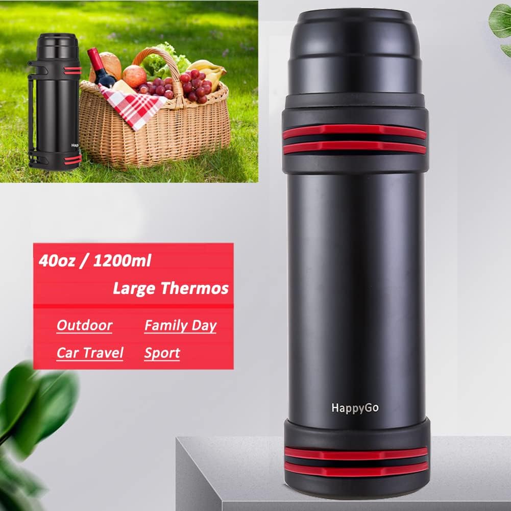 HappyGo 40oz Large Coffee Vacuum Bottle Stainless Steel Insulated Bottle with Shoulder Strap & Cups Wide Mouth Travel Mug for Hot or Cold Beverages (Black)