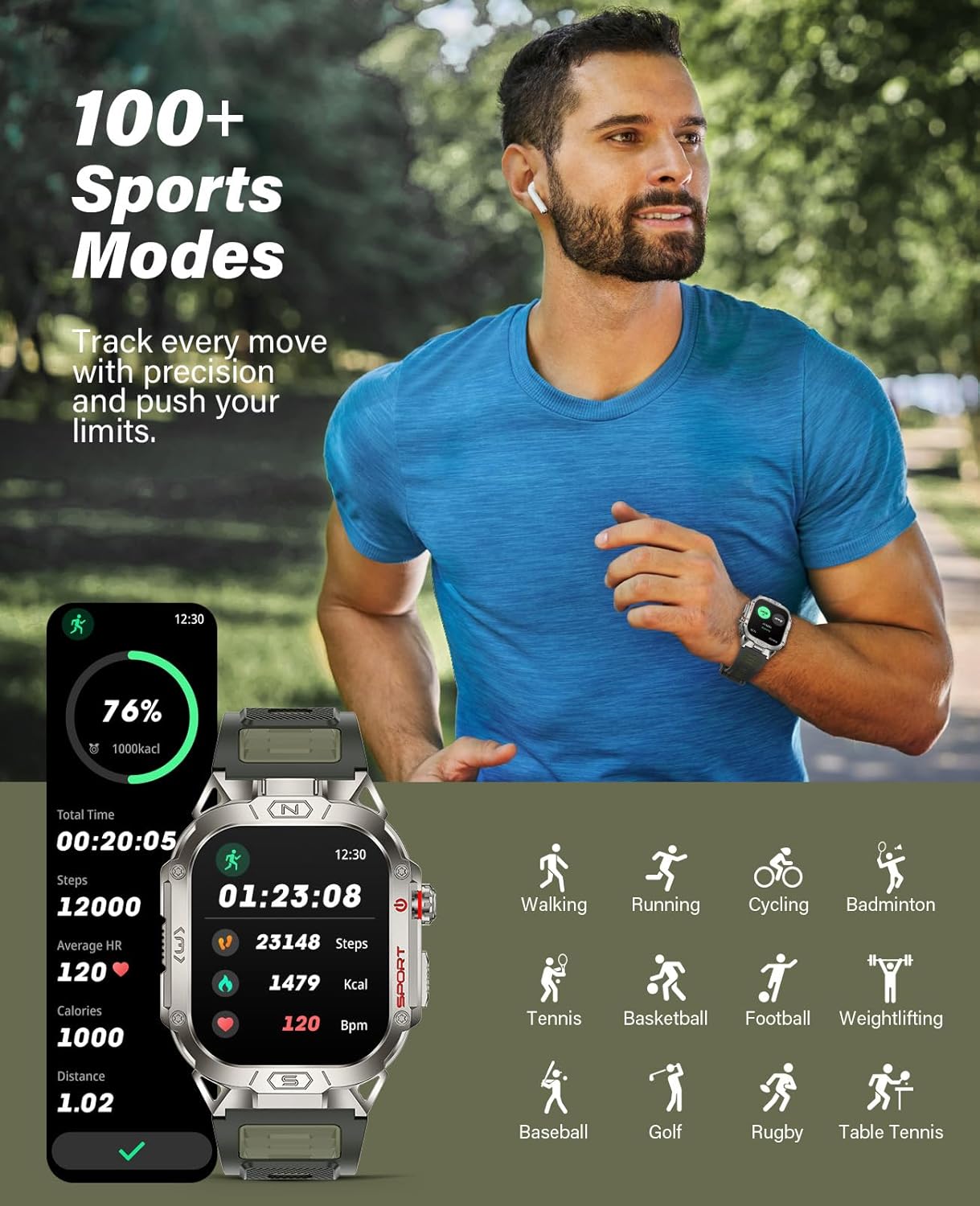 SOUYIE Smart Watch for Men with LED Flashlight, 2.02" HD Display Rugged Outdoor Sport Smartwatch with Compass/Altimeter/Barometer, Waterproof Fitness Tracker, Heart Rate Sleep Monitor for iOS Android