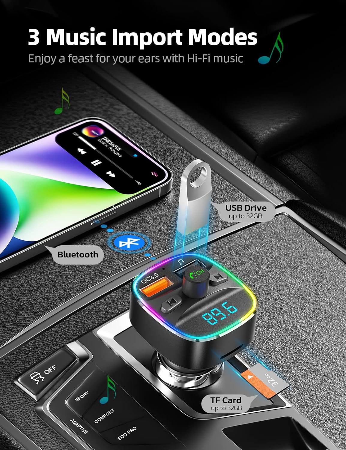Nulaxy Bluetooth FM Transmitter for Car, Upgraded QC3.0 & 5V 1A Dual USB Charger Bluetooth Car Adapter Wireless Radio, 7-Color LED Backlit Light, Hands-Free Calling, Support USB Drive TF Card - NX10