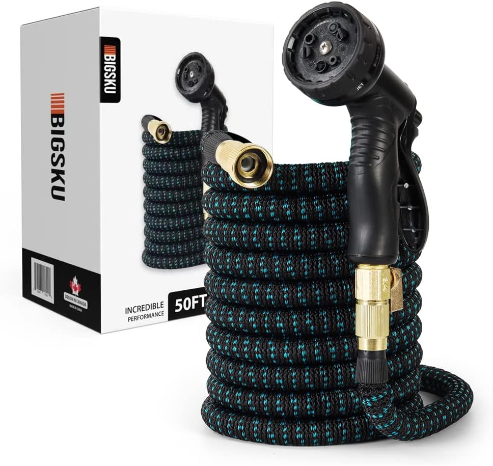 50FT Expandable lightweight Garden Hose - Flexible multifunction Outdoor Water Hose for Watering, Gardening, Cleaning, Washing - Plastic Nozzle, 8 Spray Modes - Double Latex Core with Rubber Seal, Strongest leakproof 3/4 durable Brass Connectors