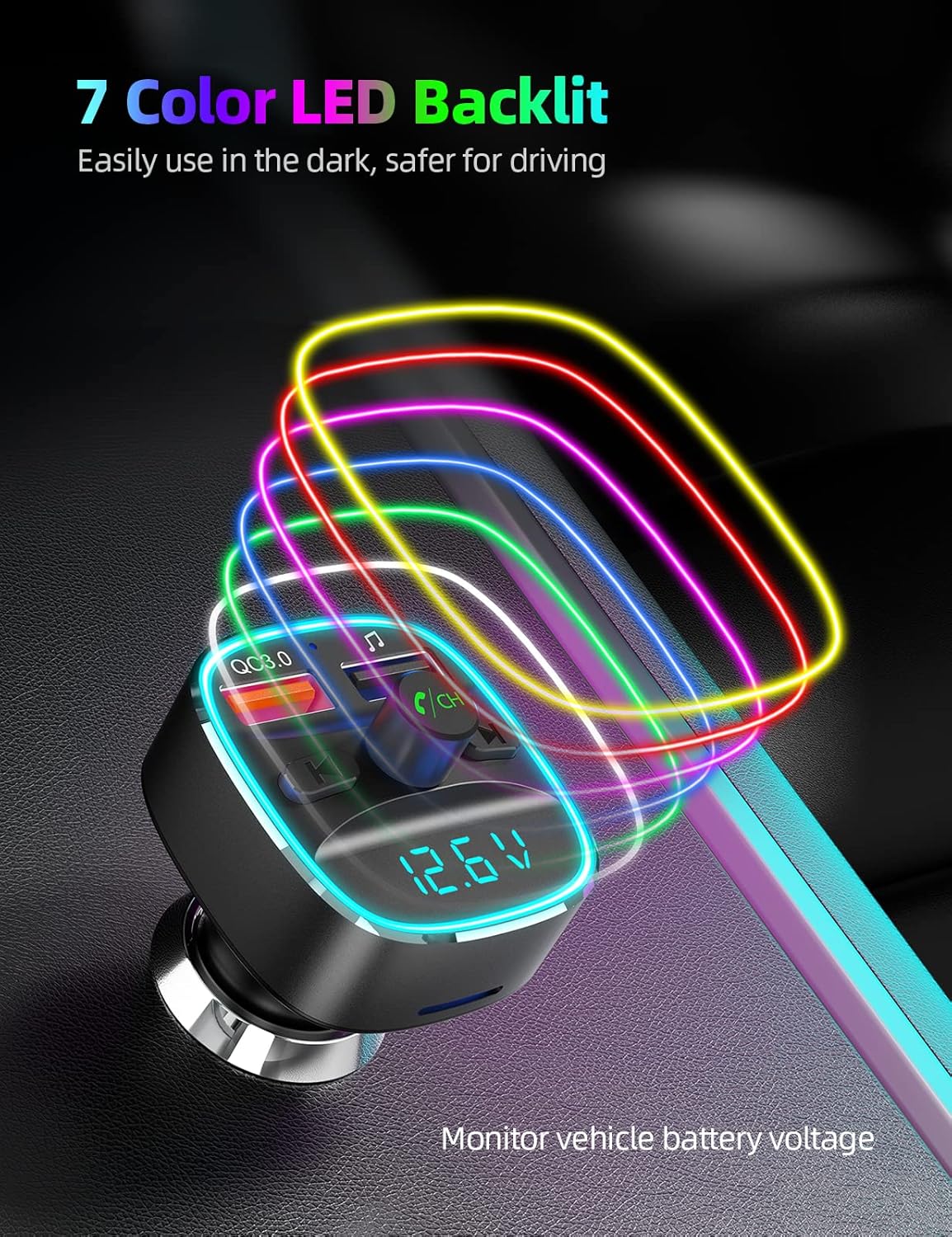 Nulaxy Bluetooth FM Transmitter for Car, Upgraded QC3.0 & 5V 1A Dual USB Charger Bluetooth Car Adapter Wireless Radio, 7-Color LED Backlit Light, Hands-Free Calling, Support USB Drive TF Card - NX10