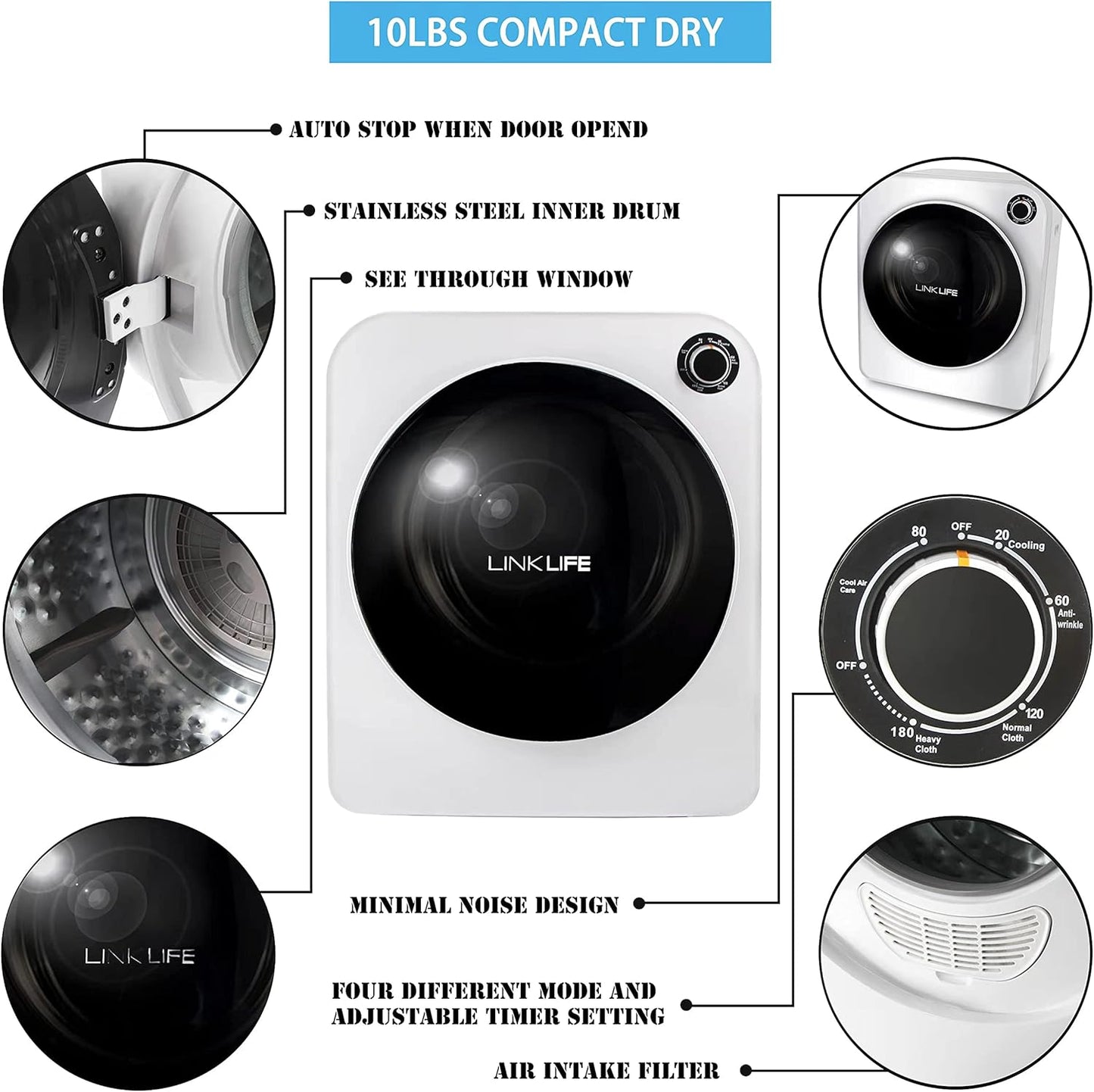 LINKLIFE Electric Portable Laundry Dryer - 11Lbs 2.6 cu.f Compact Stainless Steel Cylinder Clothes Dryer for Apartment dorms RVs