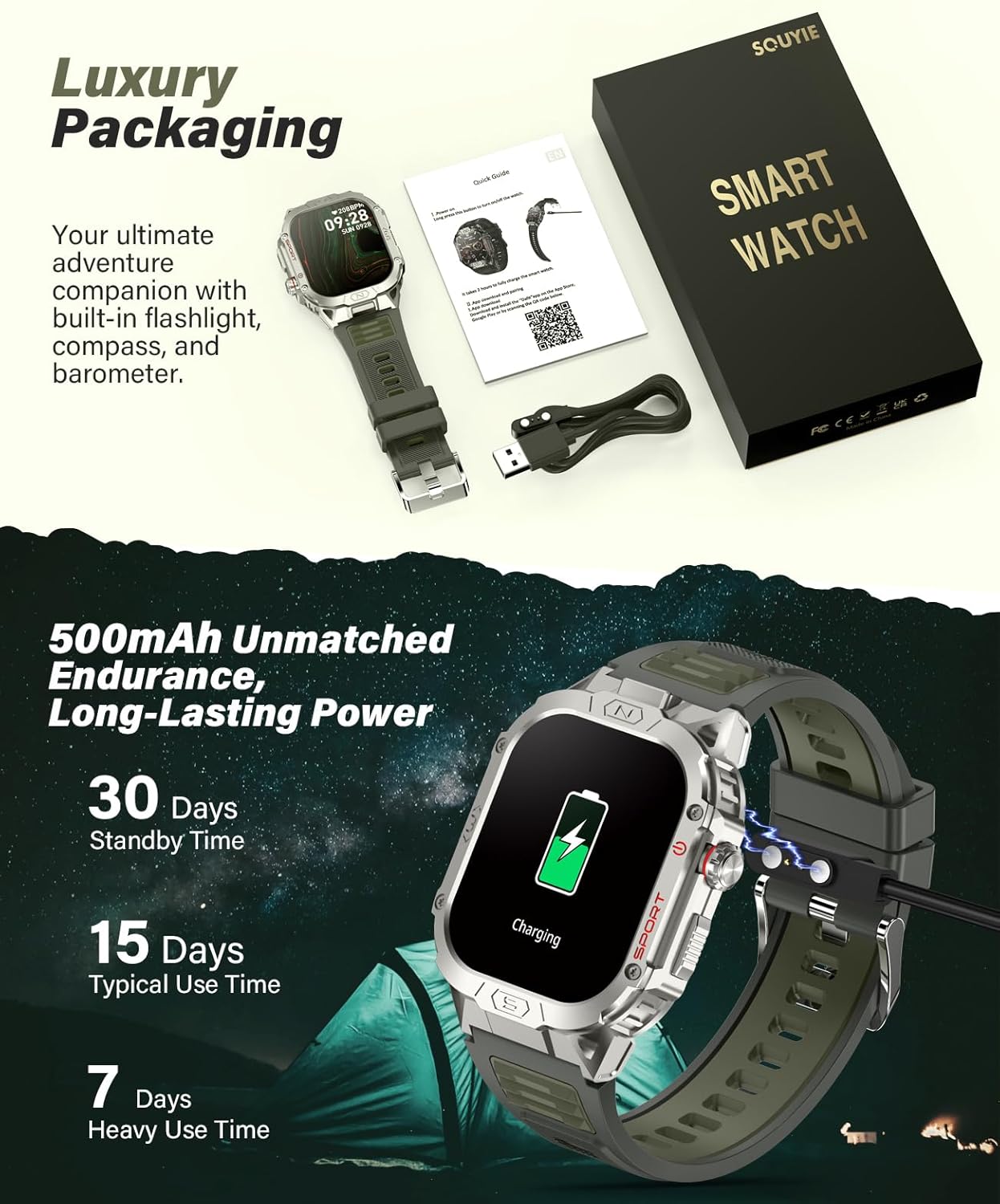 SOUYIE Smart Watch for Men with LED Flashlight, 2.02" HD Display Rugged Outdoor Sport Smartwatch with Compass/Altimeter/Barometer, Waterproof Fitness Tracker, Heart Rate Sleep Monitor for iOS Android