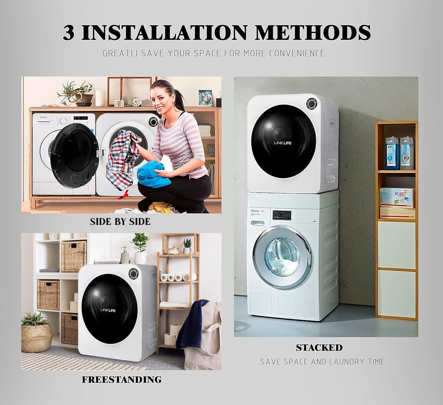 LINKLIFE Electric Portable Laundry Dryer - 11Lbs 2.6 cu.f Compact Stainless Steel Cylinder Clothes Dryer for Apartment dorms RVs