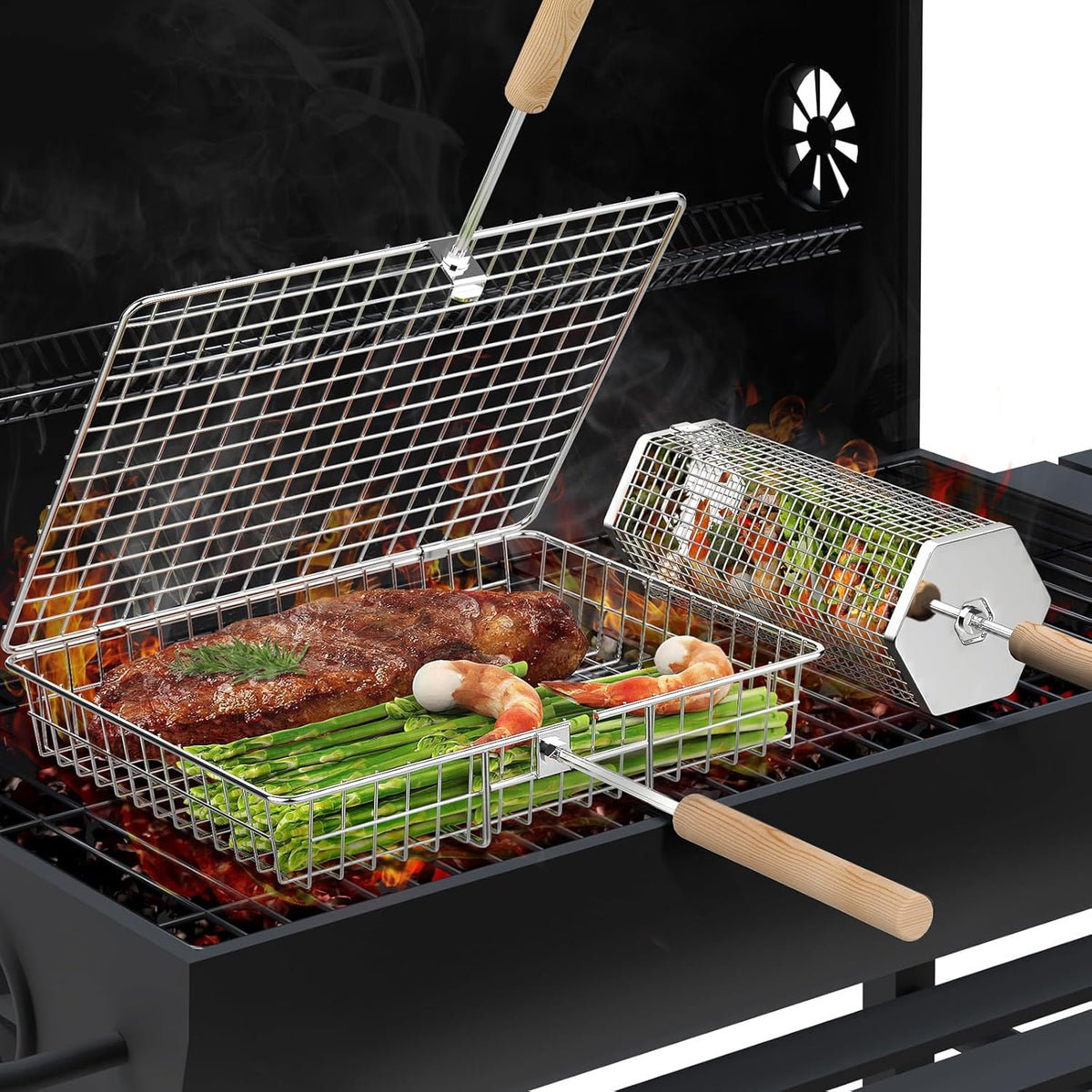 Grill Basket Set(Rectangular+Hexagon), Removable Wooden Handle, 304 Stainless Steel, Rolling Grilling Net, BBQ Accessories Tools for Vegetables Shrimp, Outdoor Cooking Camping, Birthday Gifts for Men Dad Husband - PuriLite
