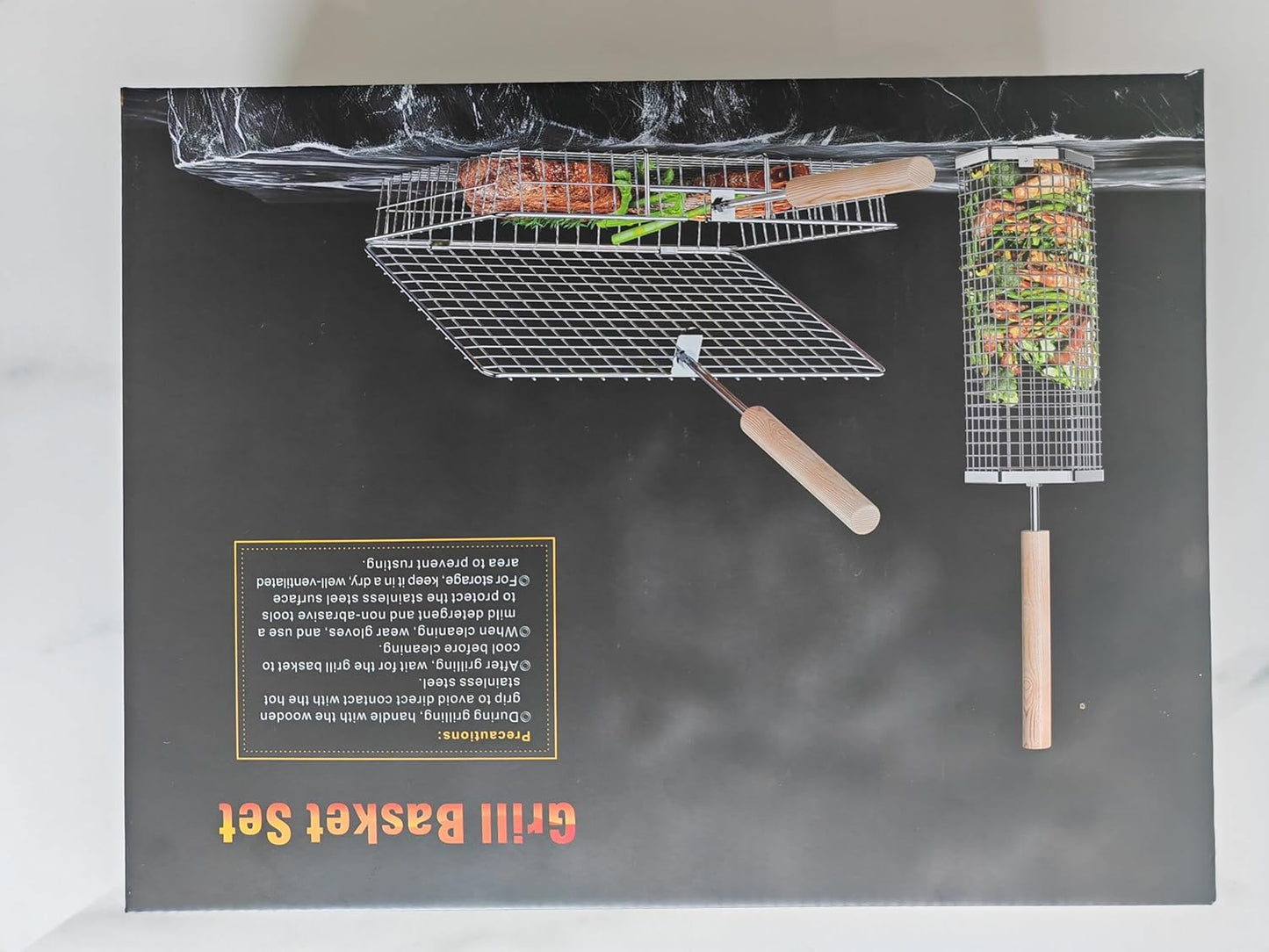 Grill Basket Set(Rectangular+Hexagon), Removable Wooden Handle, 304 Stainless Steel, Rolling Grilling Net, BBQ Accessories Tools for Vegetables Shrimp, Outdoor Cooking Camping, Birthday Gifts for Men Dad Husband