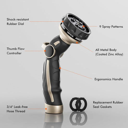 RESTMO Hose Nozzle Heavy Duty, Metal Water Hose Sprayer for Garden, 9 Spray Patterns | High Pressure | Thumb Flow Control | On/Off Valve, Ideal for Outdoor Lawn & Plant Watering, Car & Pet Washing - PuriLite