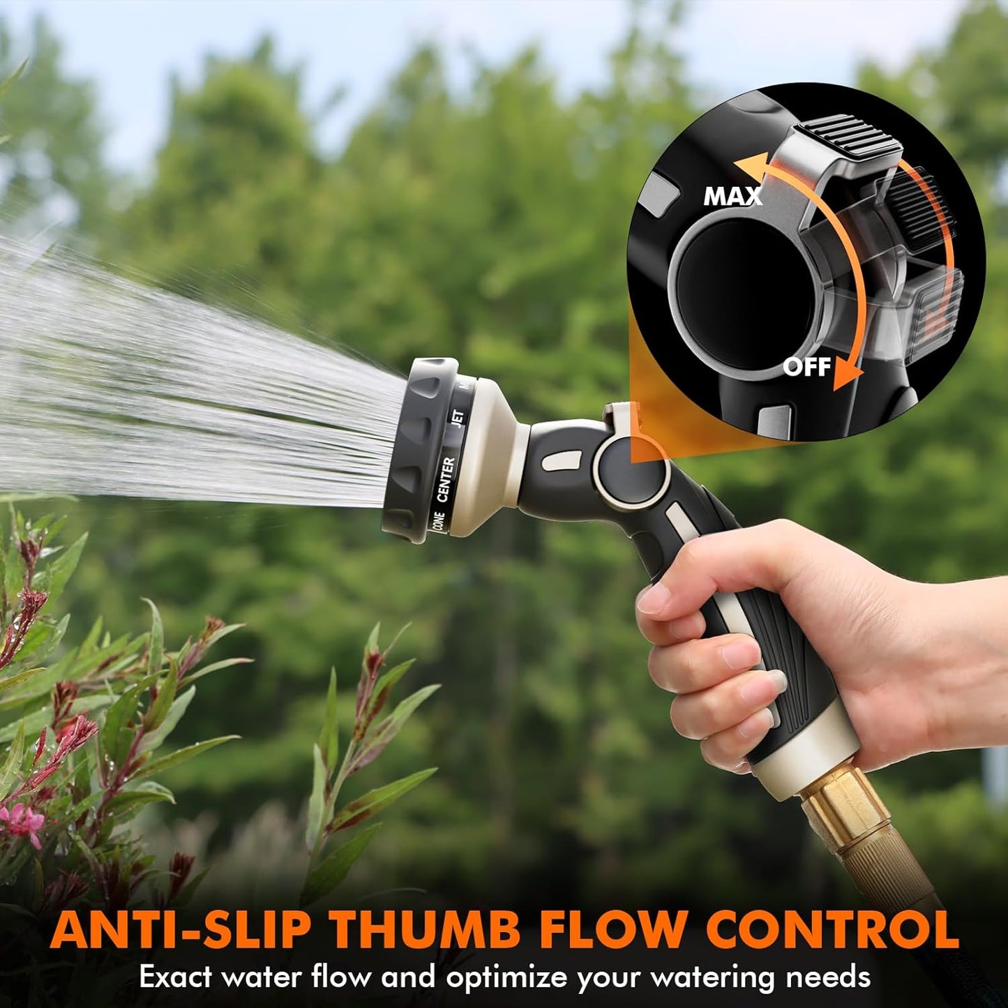 RESTMO Hose Nozzle Heavy Duty, Metal Water Hose Sprayer for Garden, 9 Spray Patterns | High Pressure | Thumb Flow Control | On/Off Valve, Ideal for Outdoor Lawn & Plant Watering, Car & Pet Washing - PuriLite