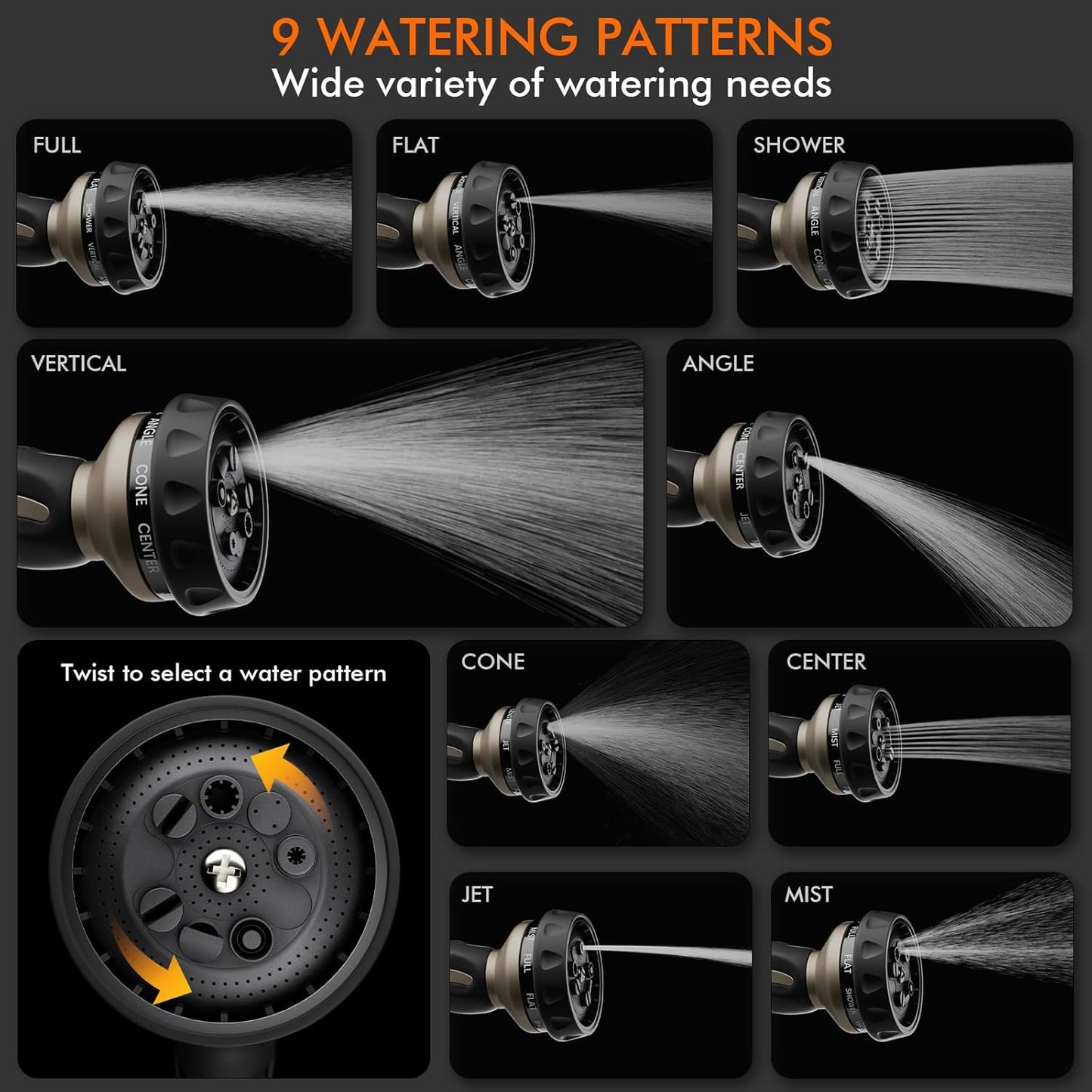 RESTMO Hose Nozzle Heavy Duty, Metal Water Hose Sprayer for Garden, 9 Spray Patterns | High Pressure | Thumb Flow Control | On/Off Valve, Ideal for Outdoor Lawn & Plant Watering, Car & Pet Washing - PuriLite