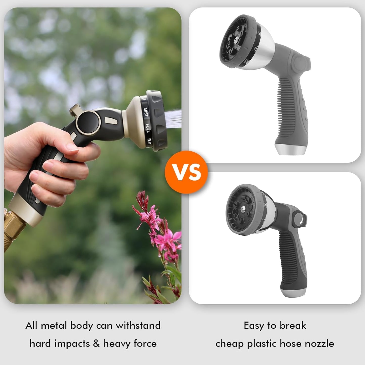 RESTMO Hose Nozzle Heavy Duty, Metal Water Hose Sprayer for Garden, 9 Spray Patterns | High Pressure | Thumb Flow Control | On/Off Valve, Ideal for Outdoor Lawn & Plant Watering, Car & Pet Washing - PuriLite