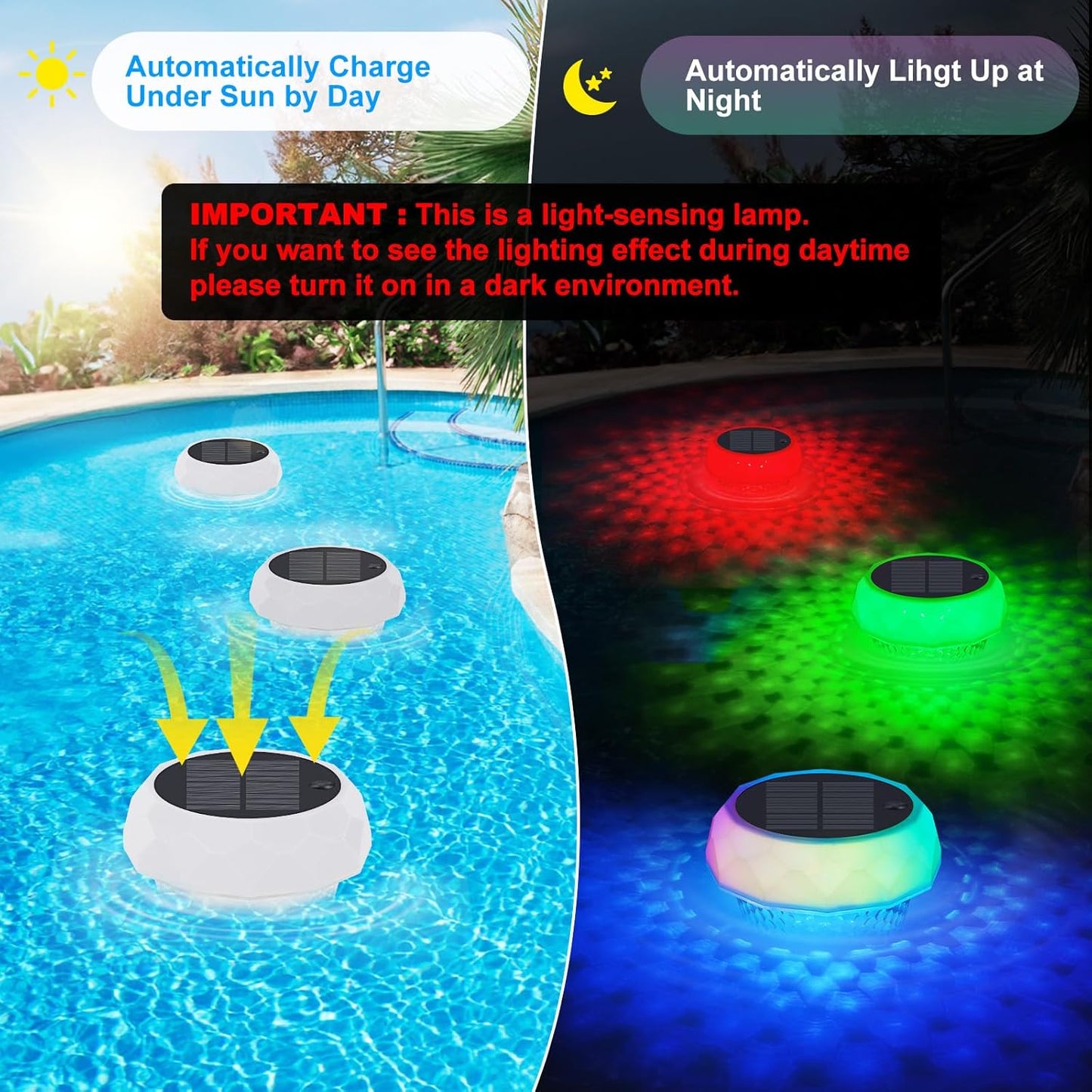 Pool Chlorine Floater with Solar Powered Lights,Floating Chlorine Dispenser for Tablets 4x3”(Tablets NOT Included),Easy Opening Chlorine Holder for Indoor & Outdoor Swimming Pool Hot Tub Spa (1)