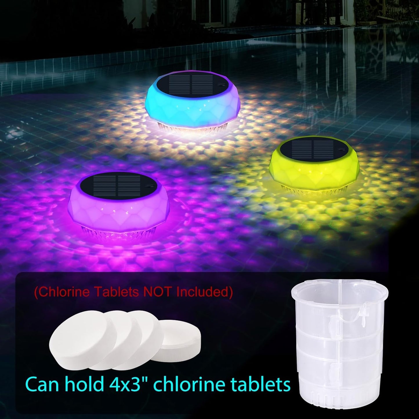 Pool Chlorine Floater with Solar Powered Lights,Floating Chlorine Dispenser for Tablets 4x3”(Tablets NOT Included),Easy Opening Chlorine Holder for Indoor & Outdoor Swimming Pool Hot Tub Spa (1)