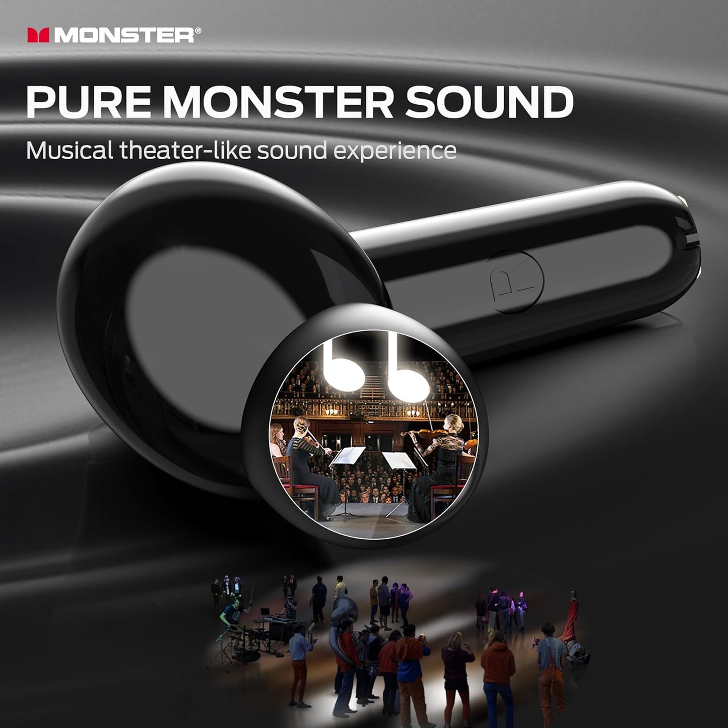 Monster N-Lite 203 AirLinks Wireless Earbuds, Bluetooth Headphones with HiFi Stereo, Wireless Earphones with HD Clear Call, 30H Playback, Touch Control, IPX6 Waterproof in-Ear Earbuds, Black