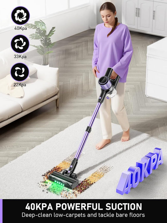 Cordless Vacuum Cleaner, 10-in-1 Vacuum Cleaners for Home, 28.75 in Hose, Rechargeable Battery Stick Vacuums, Green LED Light, Anti-Tangle,Wireless Vacuum for Carpet Tile Pet Hair