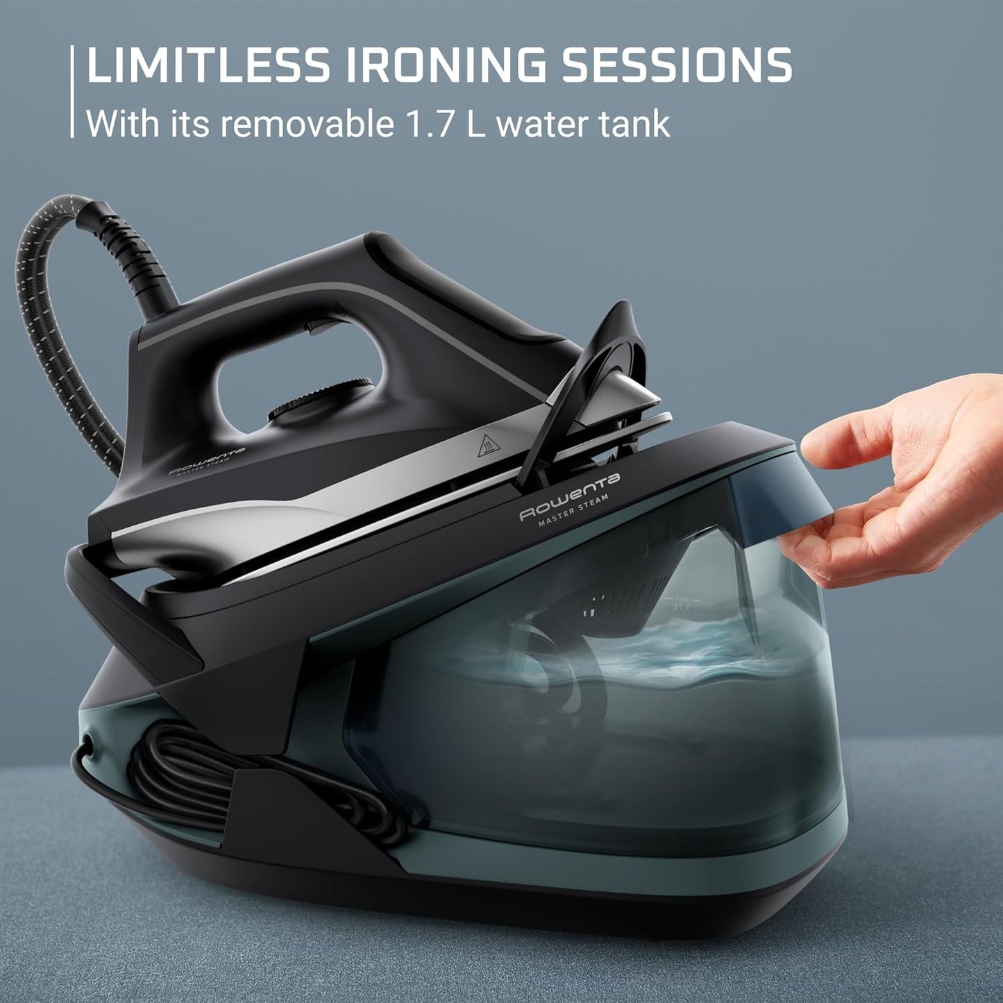 Rowenta, Iron, Pro Master Steam, Steamer for clothes, High Pressure Professional Steam Station, Stainless Steel Soleplate 57 oz, 400 microsteam holes, Built-In Pump, 1750 watts, Black Green, VR8338