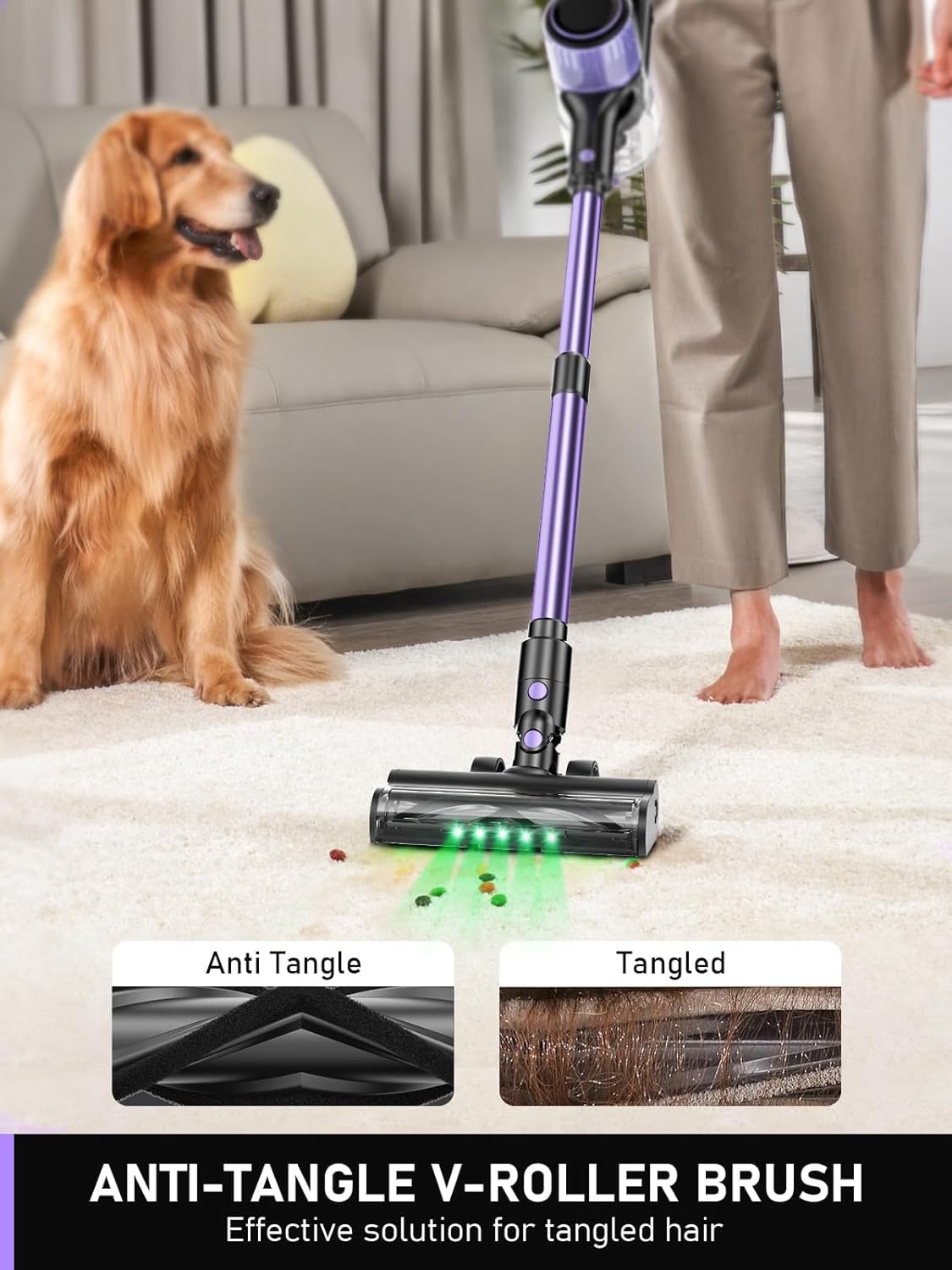 Cordless Vacuum Cleaner, 10-in-1 Vacuum Cleaners for Home, 28.75 in Hose, Rechargeable Battery Stick Vacuums, Green LED Light, Anti-Tangle,Wireless Vacuum for Carpet Tile Pet Hair