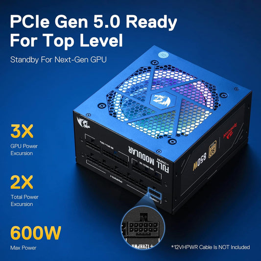Redragon PSU007 80+ Gold 850 Watt ATX 3.0 & PCIe 5.0 Fully Modular Power Supply w/ 80 Plus Gold Certified, Compact 160mm Size, Smart ECO Low Noise RGB Fan, 100% Japanese Capacitors, Full Mod Cables - PuriLite