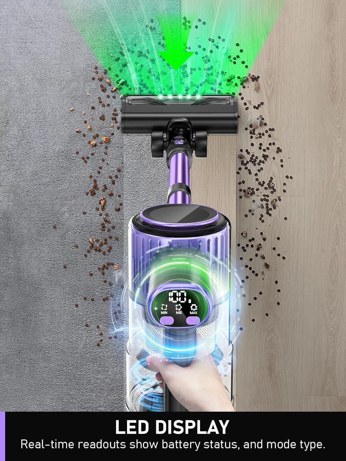 Cordless Vacuum Cleaner, 10-in-1 Vacuum Cleaners for Home, 28.75 in Hose, Rechargeable Battery Stick Vacuums, Green LED Light, Anti-Tangle,Wireless Vacuum for Carpet Tile Pet Hair