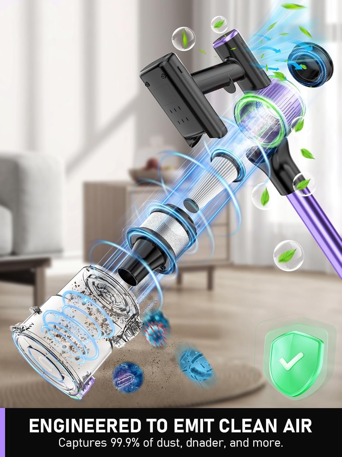 Cordless Vacuum Cleaner, 10-in-1 Vacuum Cleaners for Home, 28.75 in Hose, Rechargeable Battery Stick Vacuums, Green LED Light, Anti-Tangle,Wireless Vacuum for Carpet Tile Pet Hair