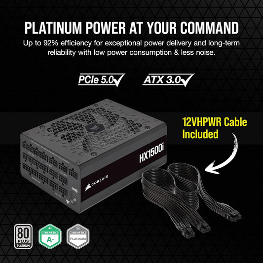 Corsair HX1500i Fully Modular Ultra-Low Noise ATX Power Supply - ATX 3.0 & PCIe 5.0 Compliant - Fluid Dynamic Bearing Fan - CORSAIR iCUE Software Compatible - 80 Plus Platinum Efficiency - Black - PuriLite