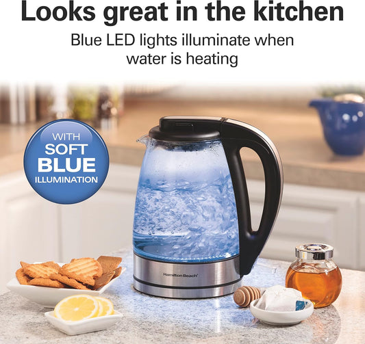 Hamilton Beach Glass Electric Tea Kettle, Water Boiler & Heater, 1 Liter, 1500 Watts for Fast, BPA Free, Cordless Serving, Auto-Shutoff & Boil-Dry Protection, Soft Blue LED (40930) - PuriLite