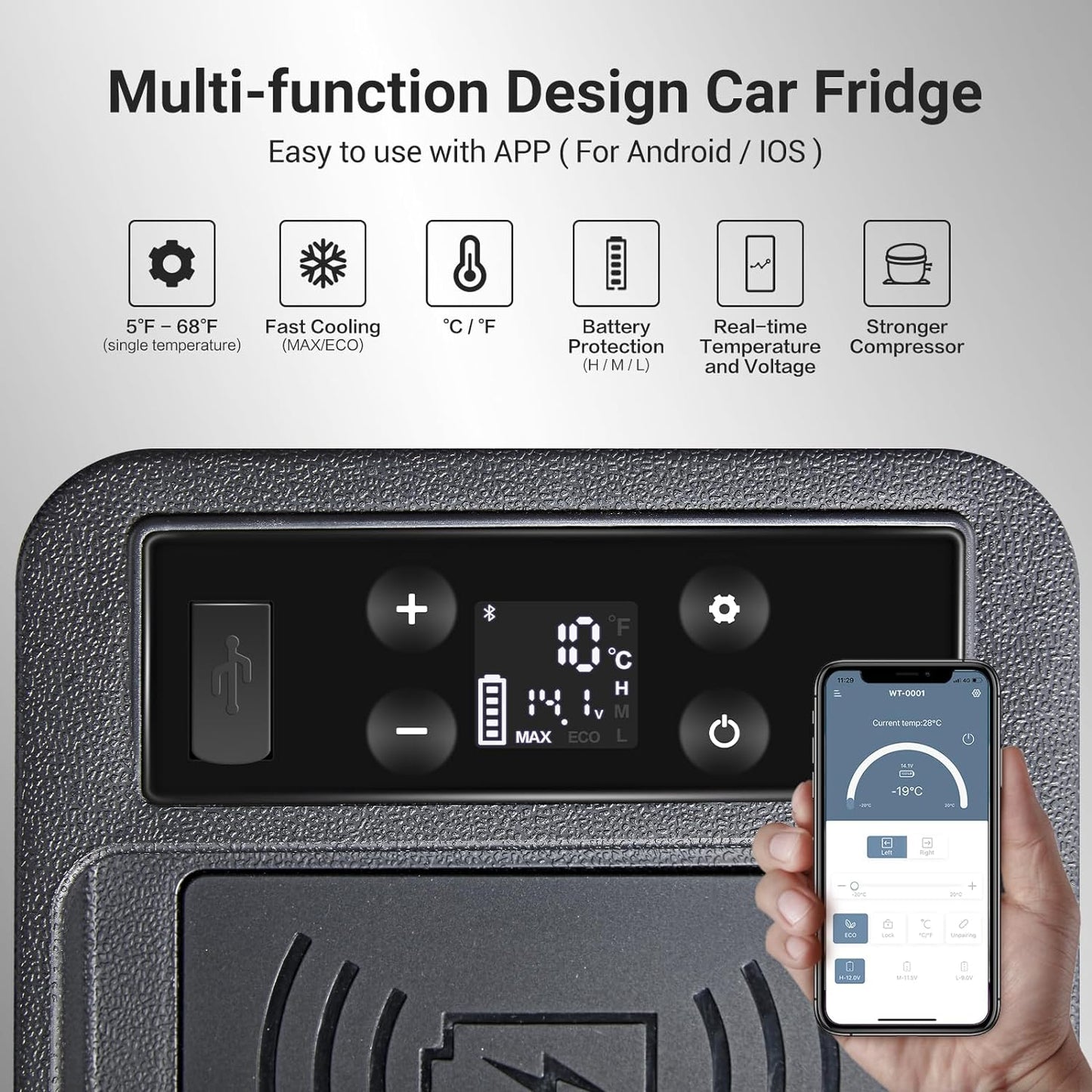BODEGA 12V Truck Refrigerator,9 Quart Small Car Fridge,Camping Fridge WIFI Control,(5℉-68℉) Electric Car Cooler 12/24V DC for Camper,Travel,Boat,Van,SUV,Vehicles,Road Trip(Shoulder Hold Design)
