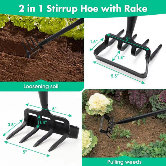 Stirrup Hoe and Cultivator for Weeding, 2 in 1 Heavy Duty Action Hoe with 63 Inch Adjustable Handle Scuffle Garden Hula Hoe with Rake, Metal Weeding Loop Stirrup Hoe for Weed Puller Loosening Soil - PuriLite