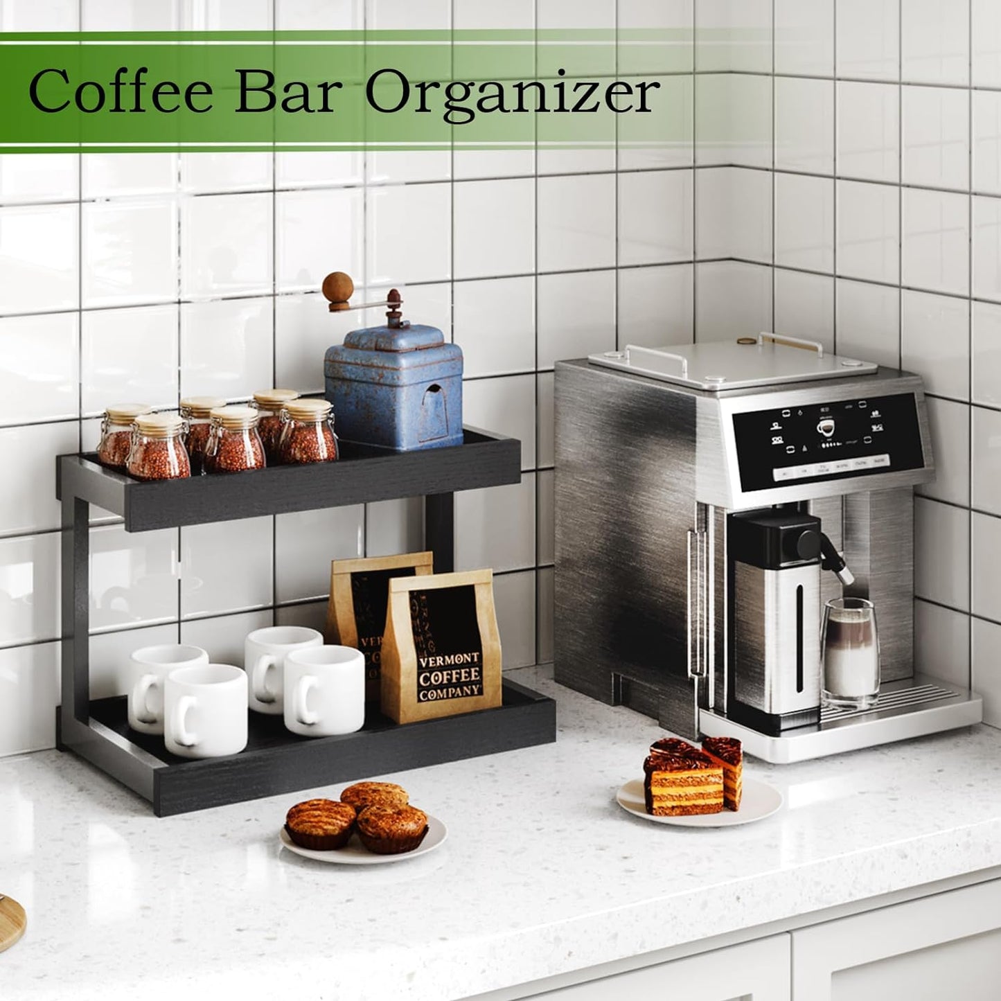 2 Tier Spice Rack Organizer for Countertop, 15.8''L Coffee Station/Bathroom Organizer Countertop, Counter Shelf Desktop Storage Organizer for Kitchen, Bedroom, Office (Black)