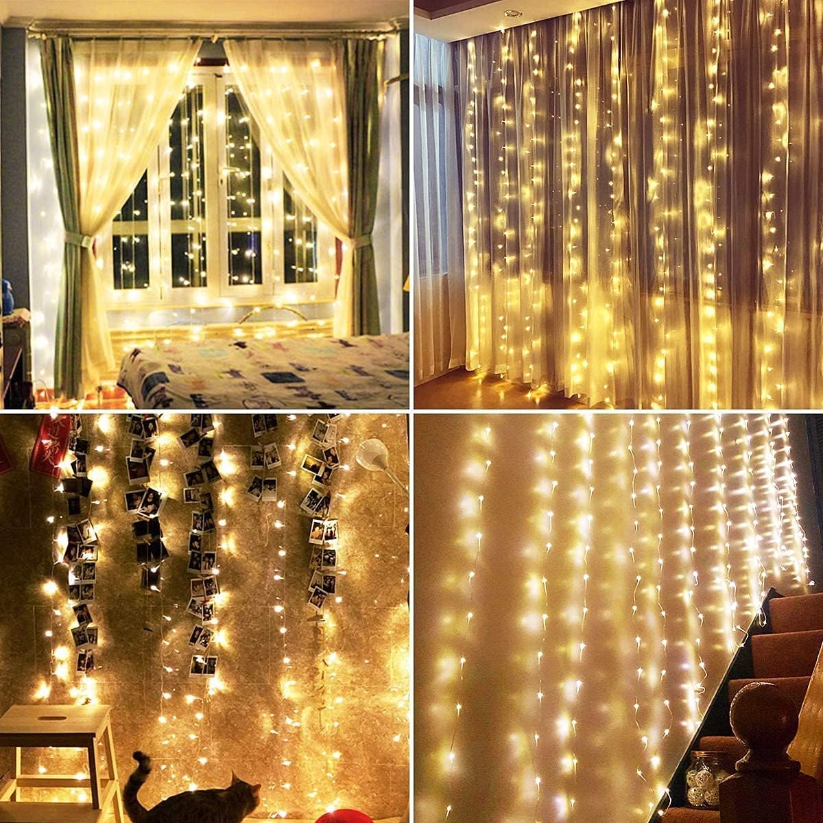 Unihoh Curtain Lights, Fairy Lights for Bedroom, 300 LEDs Warm White Twinkle Lights W/ 8 Modes USB Powered, Icicle String Lights W/ Remote & Timer for Indoor Xmas Party Patio Decoration(9.8 x 9.8 Ft)