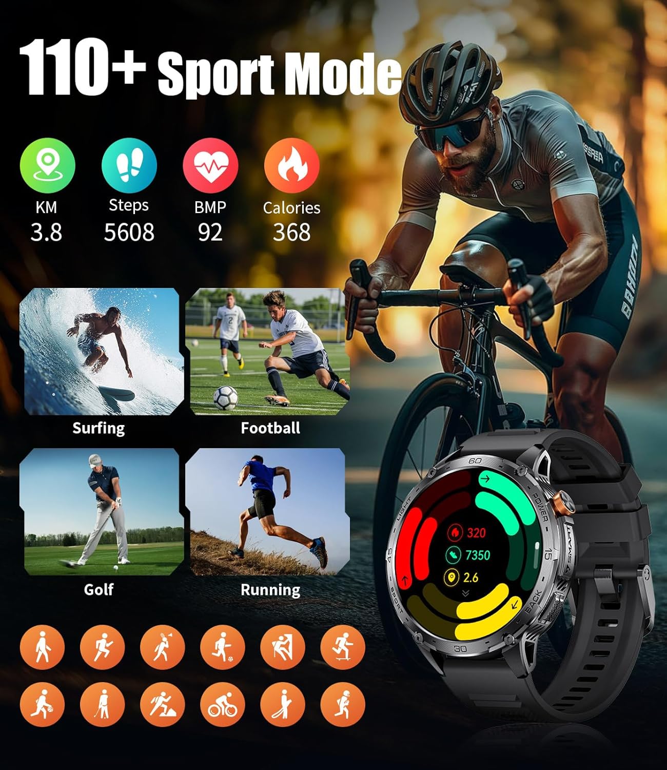 Smartwatch for Men with Bluetooth Call/LED Flashlight, 1.75" HD Amoled Fitness Tracker with 30 Days Battery/120+ Sports Modes, IP68 Waterproof Military Smart Watch for Android iOS, Black