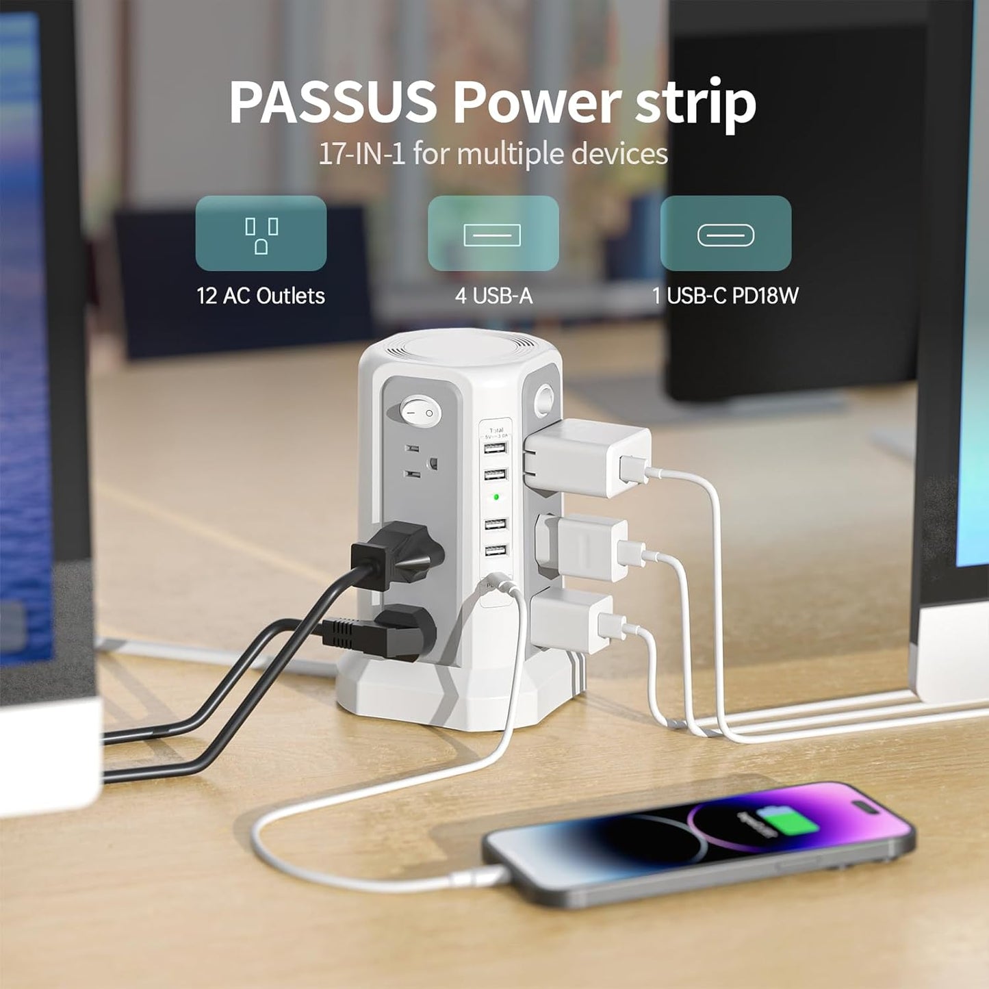 Surge Protector Tower Power Bar with USB C 18W Fast Charging Port, 10FT Extension Cord with 12 AC Outlets, and 5 USB Charging Ports, Power Bars Tower Surge Protection for Home Office DormRoom
