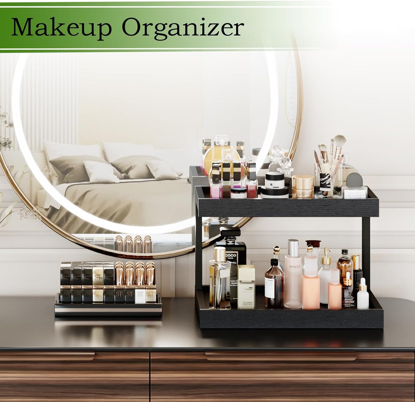 2 Tier Spice Rack Organizer for Countertop, 15.8''L Coffee Station/Bathroom Organizer Countertop, Counter Shelf Desktop Storage Organizer for Kitchen, Bedroom, Office (Black)