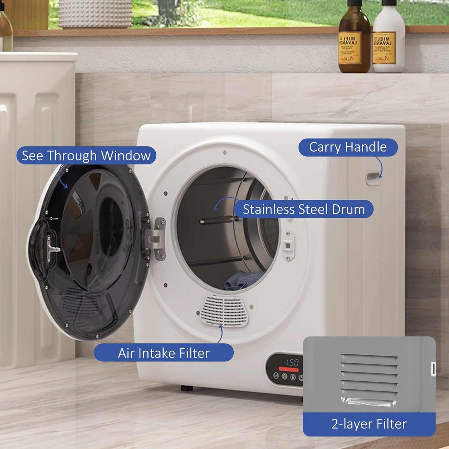 HOMCOM 850W 9lbs Electric Portable Compact Laundry Clothes Dryer, 1.5 cu.ft Portable Tumble Dryer with Stainless Steel Drum, for Apartment, Home, White