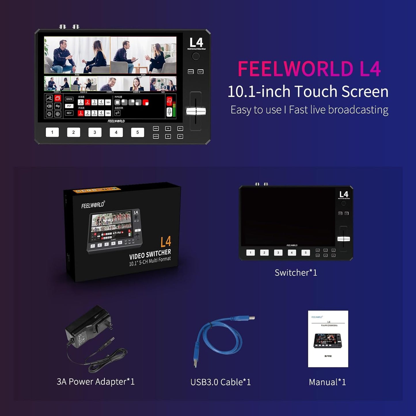 FEELWORLD L4 10.1 Inch Touch Screen Video Switcher 10.1 inch Touchscreen, Real-time Preview 5 Input Sources PST PGM and Operation Interface