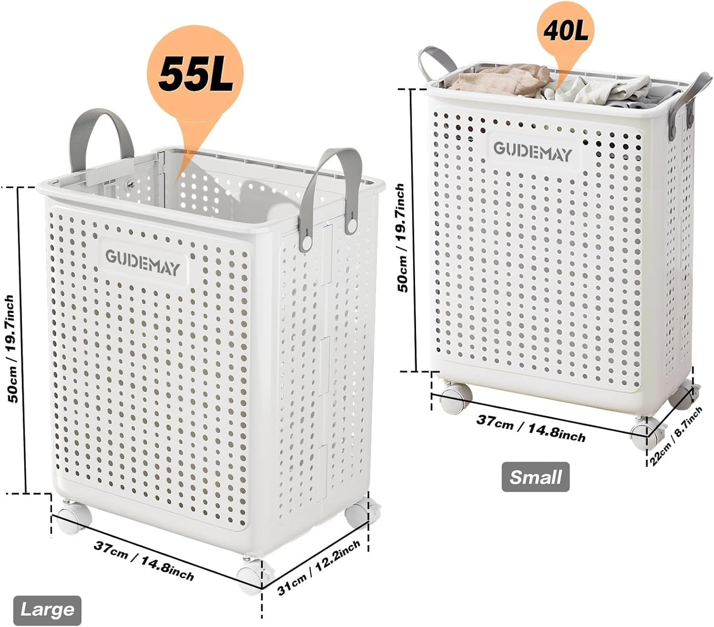 GUDEMAY 2-Pack Laundry Basket with Wheels, 40L & 55L Set, Foldable Plastic Corner Laundry Hamper with Handles for Dirty Clothing, Toys, Sports Gear, and Garden Tools - White