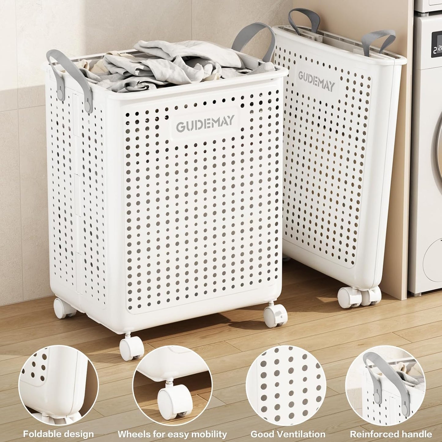 GUDEMAY 2-Pack Laundry Basket with Wheels, 40L & 55L Set, Foldable Plastic Corner Laundry Hamper with Handles for Dirty Clothing, Toys, Sports Gear, and Garden Tools - White