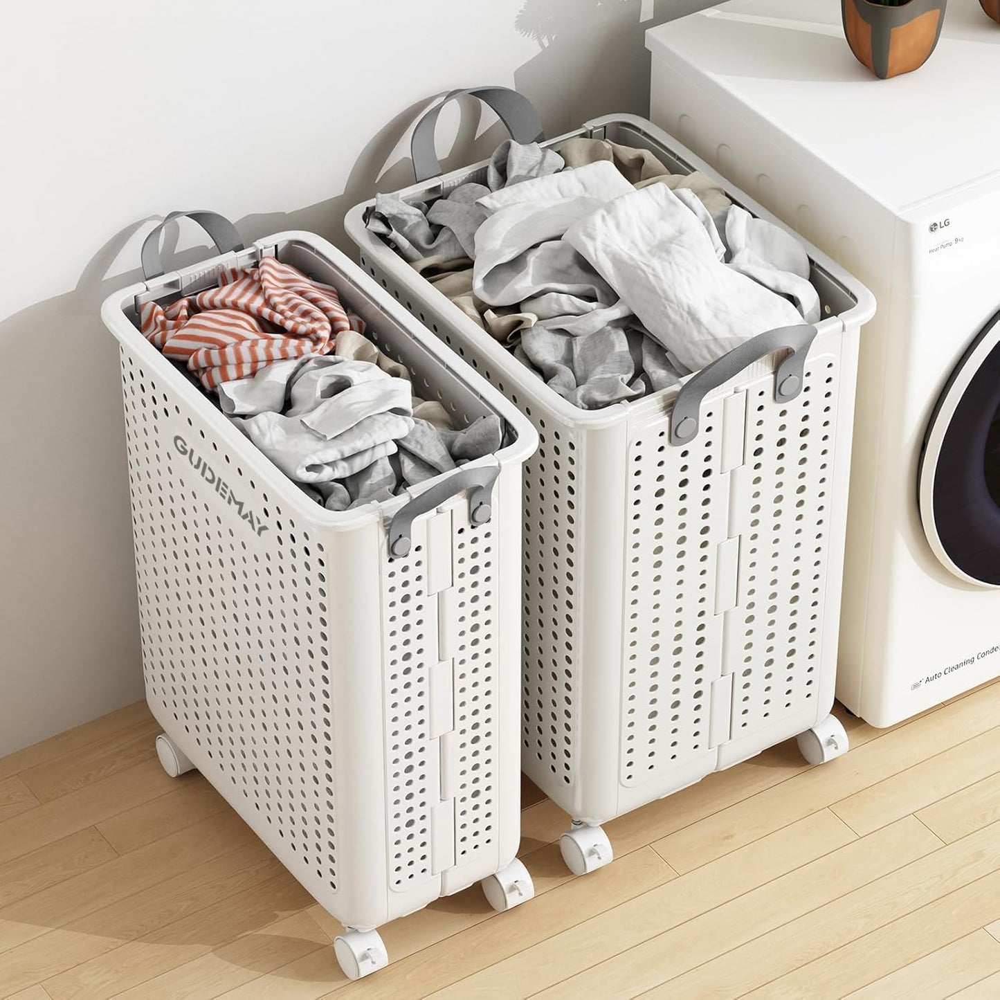 GUDEMAY 2-Pack Laundry Basket with Wheels, 40L & 55L Set, Foldable Plastic Corner Laundry Hamper with Handles for Dirty Clothing, Toys, Sports Gear, and Garden Tools - White