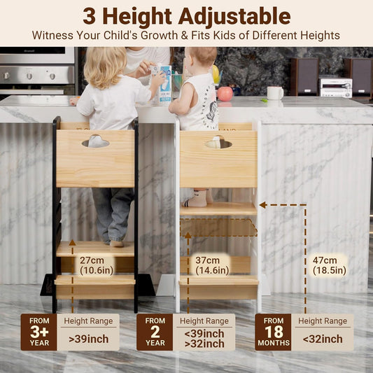 COSYLAND Toddler Standing Tower Adjustable Height - Wooden Sturdy Kitchen Step Stool - 3 Levels Adjustable Kids Learning Stool Kitchen Nursery Helper Stand (Wooden and Black)