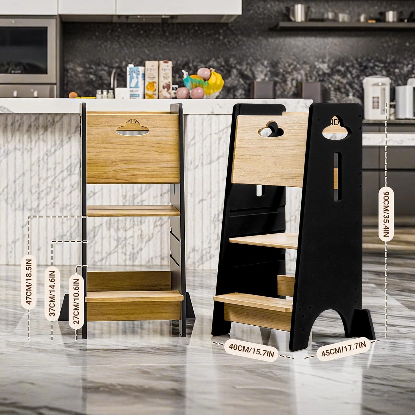 COSYLAND Toddler Standing Tower Adjustable Height - Wooden Sturdy Kitchen Step Stool - 3 Levels Adjustable Kids Learning Stool Kitchen Nursery Helper Stand (Wooden and Black)
