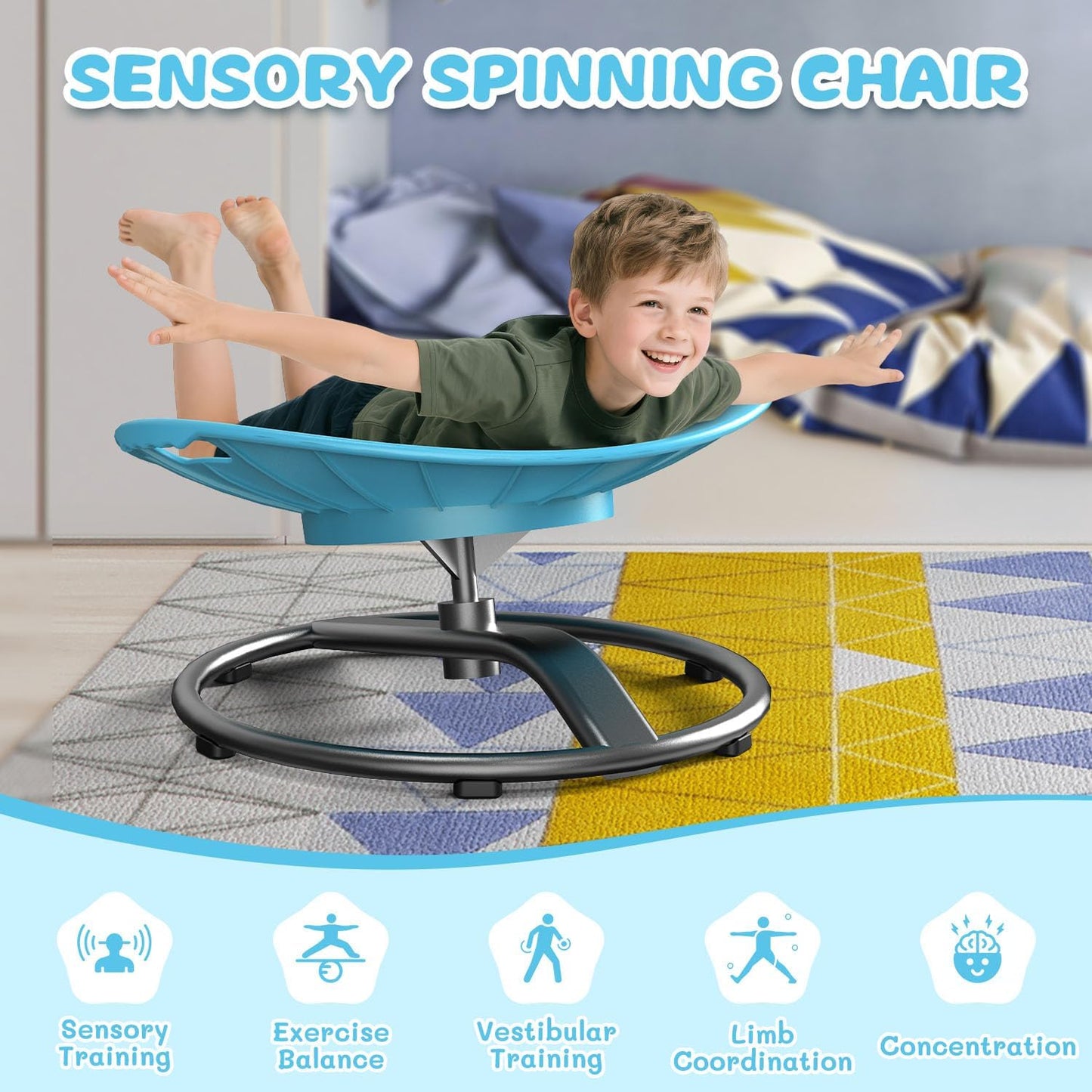 Pozoera Spinning Chair for Autistic Kids - Sensory Spinning Chair for Autistic Children with Safety Handle & Non-Slip Design, Sensory Swivel Chairs for Kids 3-12 Years(Blue)