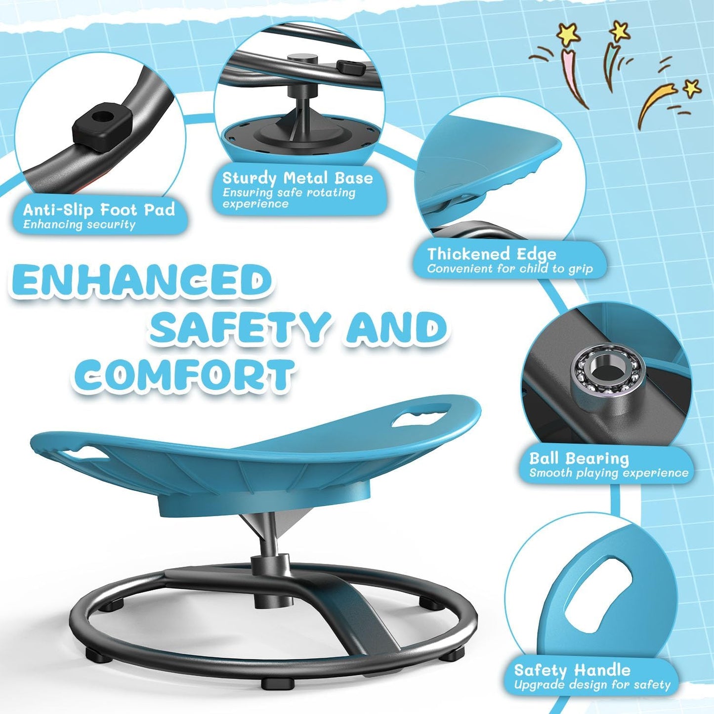 Pozoera Spinning Chair for Autistic Kids - Sensory Spinning Chair for Autistic Children with Safety Handle & Non-Slip Design, Sensory Swivel Chairs for Kids 3-12 Years(Blue)