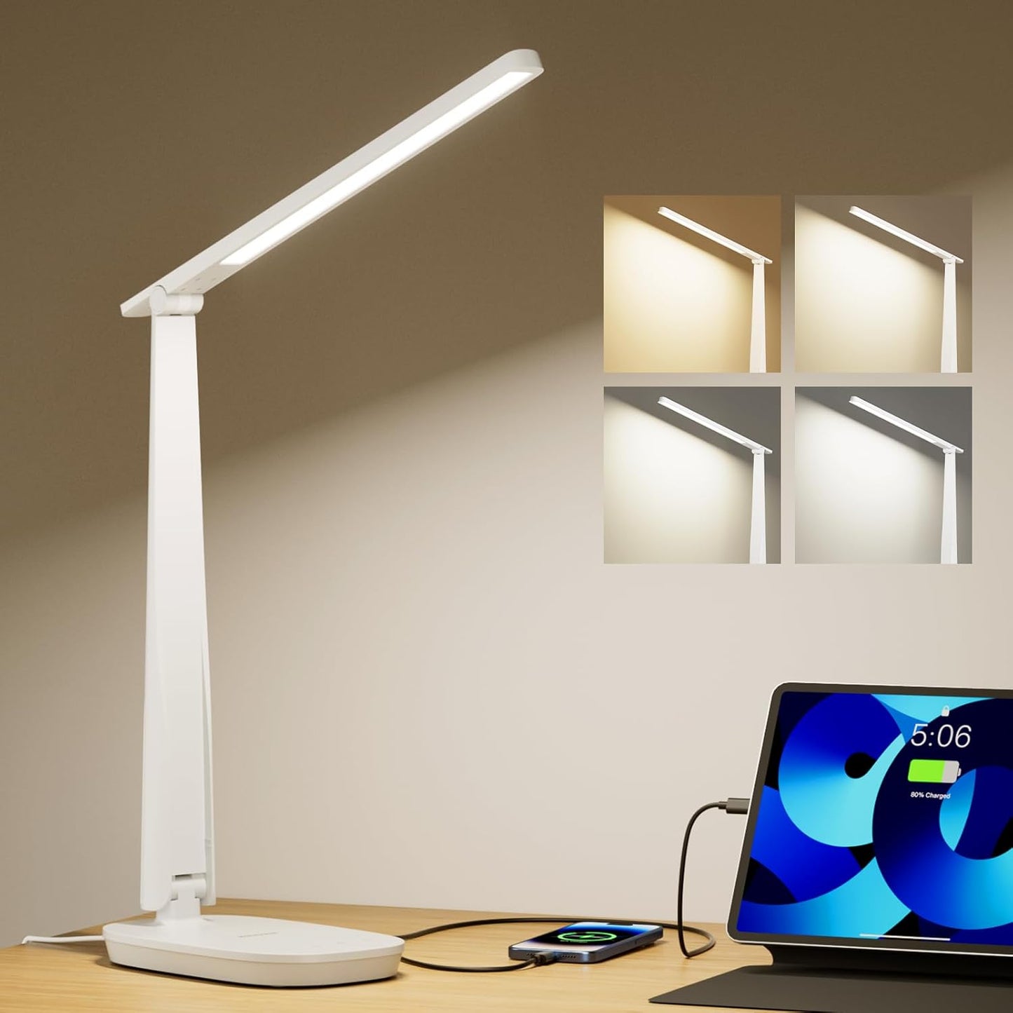 Honeywell LED Desk Lamp for Home Office, Dimmable Desk Light with USB A+C Dual Charging, 4 Modes Brightness Touch Lamp with Timer, Eye Caring Foldable Reading Light, Table Lamp for Study Nightstand