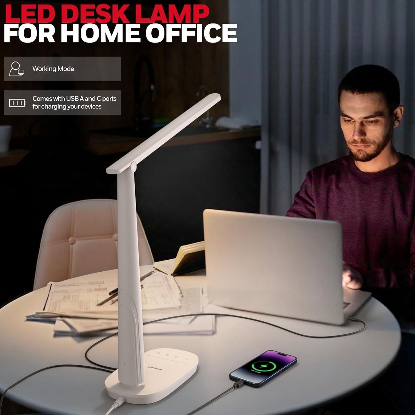 Honeywell LED Desk Lamp for Home Office, Dimmable Desk Light with USB A+C Dual Charging, 4 Modes Brightness Touch Lamp with Timer, Eye Caring Foldable Reading Light, Table Lamp for Study Nightstand