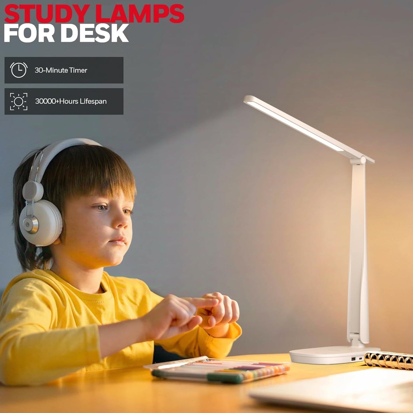 Honeywell LED Desk Lamp for Home Office, Dimmable Desk Light with USB A+C Dual Charging, 4 Modes Brightness Touch Lamp with Timer, Eye Caring Foldable Reading Light, Table Lamp for Study Nightstand