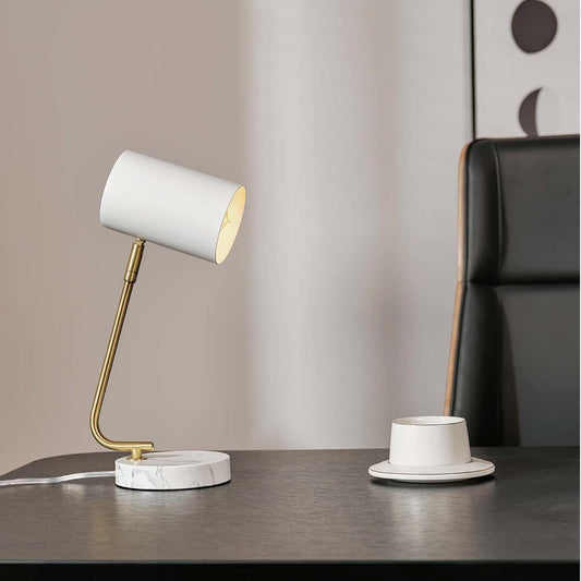 Novogratz x Globe Electric 65784 Athena 15" Desk Lamp, White Shade, Brass Arm, White Faux Marble Base - PuriLite